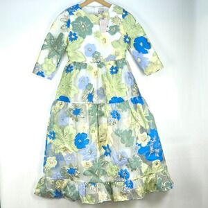Floral Embroidered Midi Dress in Blue and Green